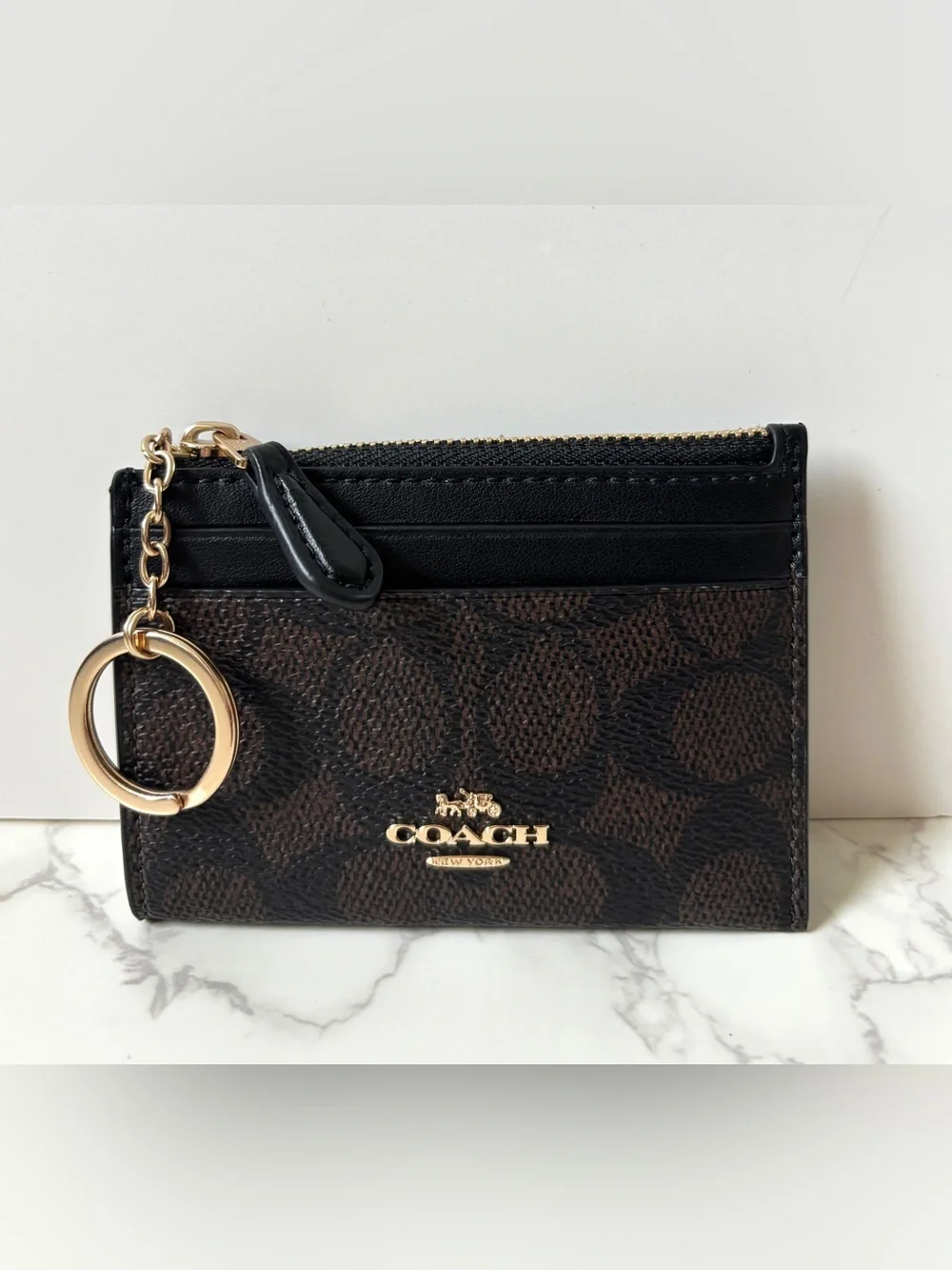 Coach Skinny Mini Id Card Case Keychain Wallet Walnut Black